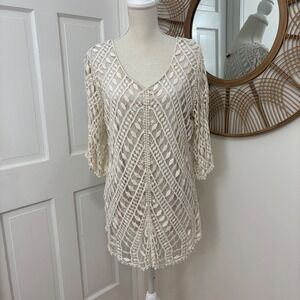 Jennie & Marlis Woman Crochet Tunic Top L Boho Bell Sleeve Shabby Chic Coastal